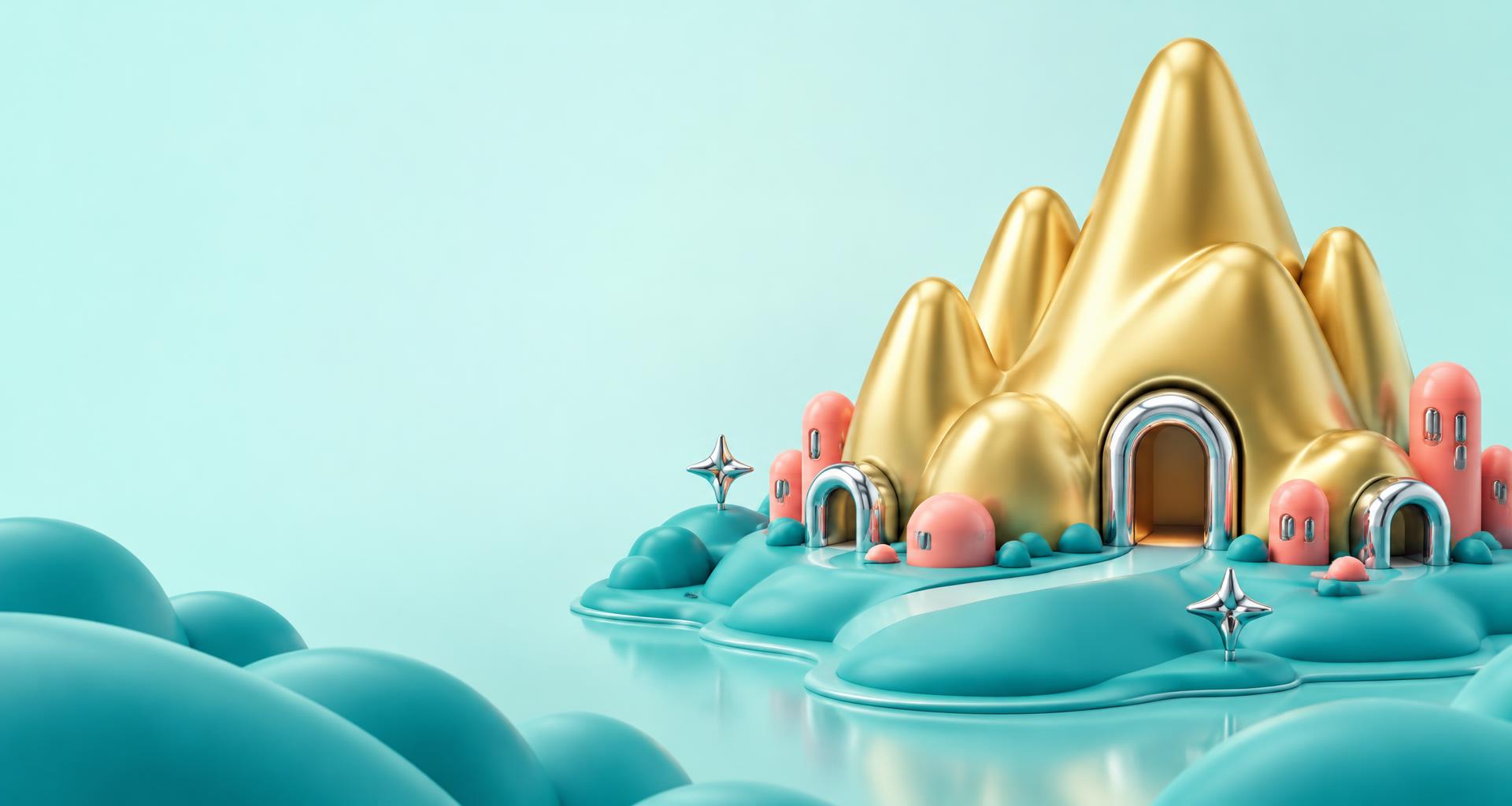 Inflated gold mountain peaks with glossy chrome portals on a soft turquoise island